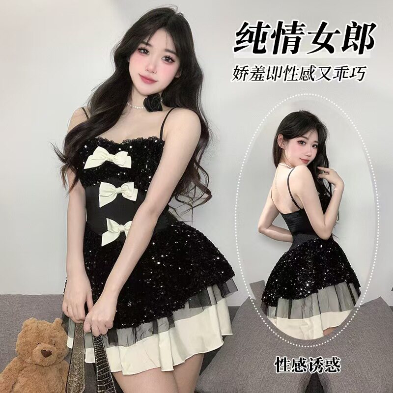 2024新款高级感抹胸连衣裙女夏季收腰绝美辣妹蝴蝶结纯欲风雪纺