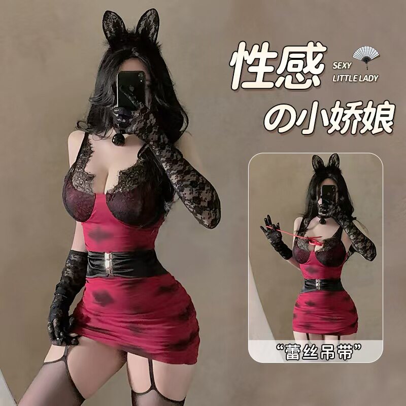 秋冬辣妹收腰圣诞制服短裙御姐纯欲性感蕾丝吊带包臀女蕾丝连衣裙