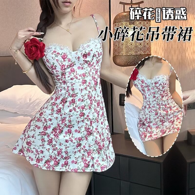 欧美款春秋小清新带胸垫碎花修身A字裙性感吊带低胸露背连衣裙女