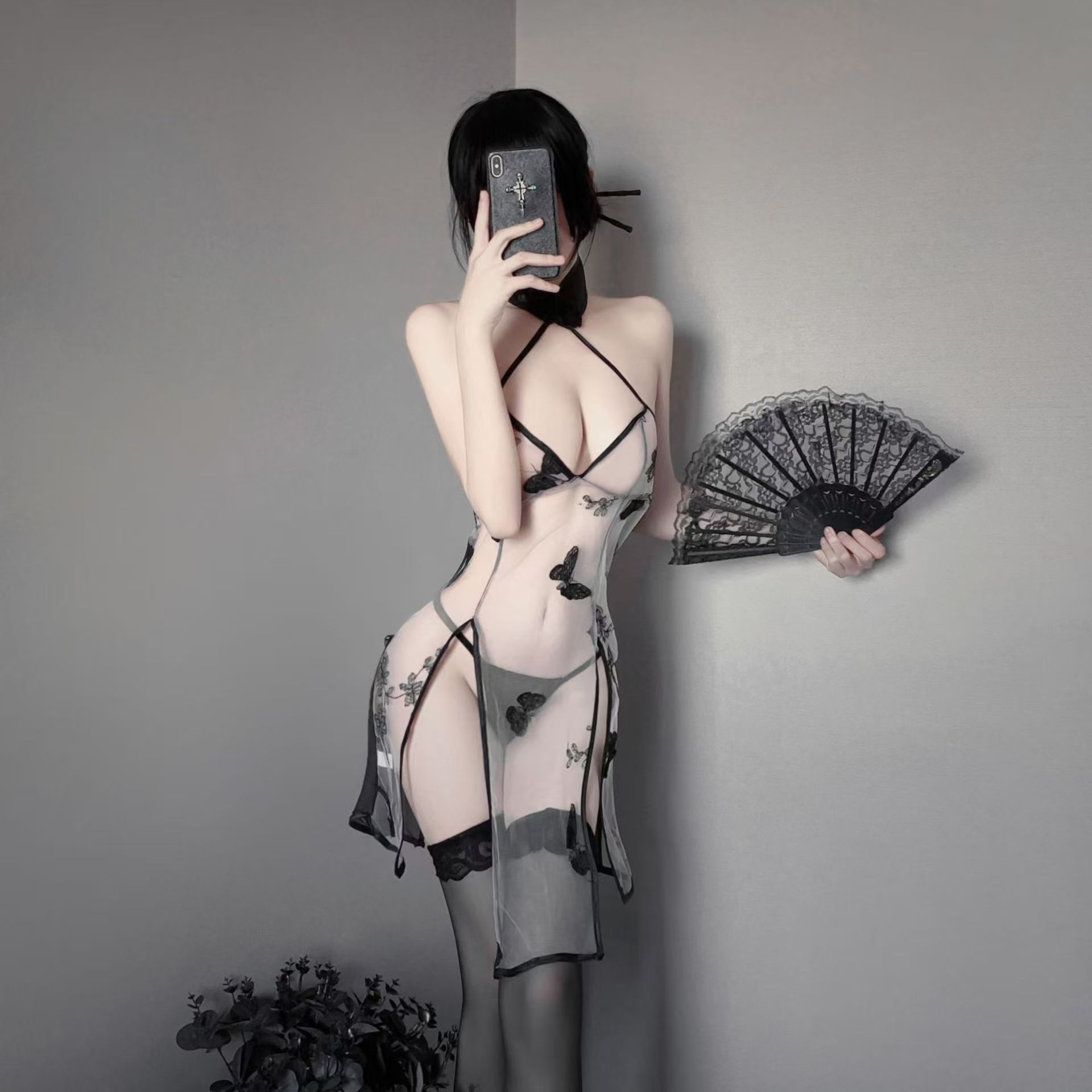 性感高级感旗袍开叉网纱诱惑蝴蝶绣花女复古旗袍风制服套装睡裙