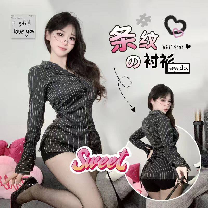 性感黑色条纹长袖衬衫修身收腰OL秘书制服纯欲风显瘦镂空上衣制服