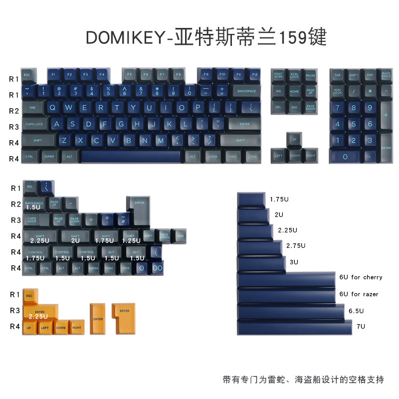 DOMIKEY ATTILLAN GRAY BLUE YELLOW TWO-COLOR MOLDING SA BALL CAP LARGE SET OF 159 KEY CUSTOM KEYCAPS