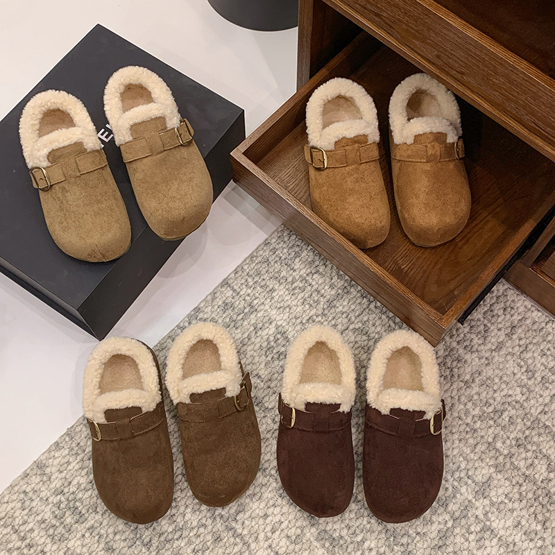森系磨砂复古加绒乐福鞋2025秋冬新款保暖一脚蹬奶奶软底勃肯棉鞋