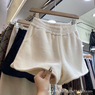 水貂绒短裤女秋冬季加厚外穿a 字阔腿毛线针织女式冬天打底配靴子