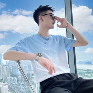 修身 夏季 體恤痞帥 打底衫 上衣服漸變色男裝 男網紅短袖 t恤圓領半袖