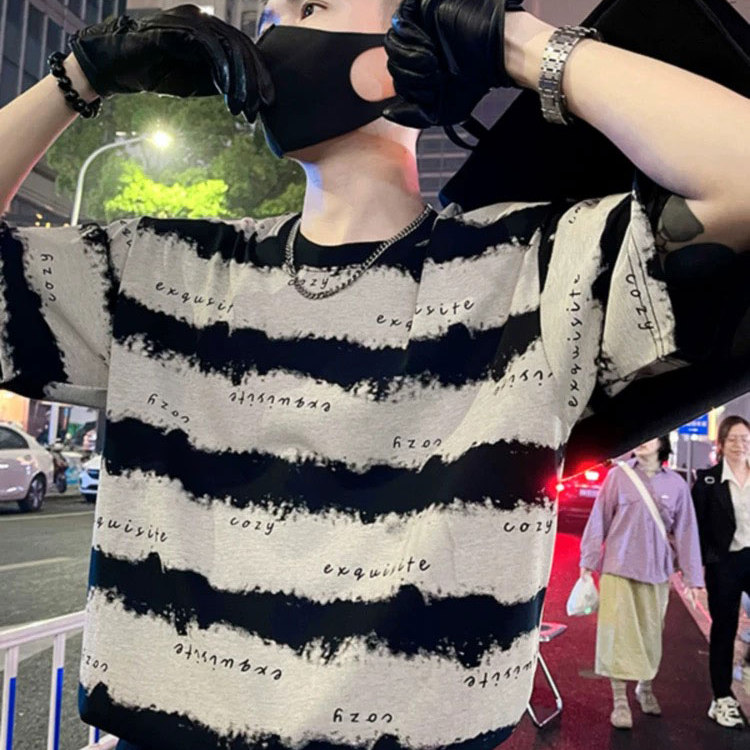 潮牌短袖打底衫男士新款圆领时尚撞色T恤潮条纹帅气百搭薄款半袖