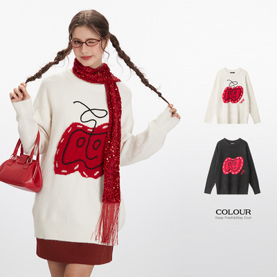 HeyHenry2024秋冬新款提花圆领宽松针织衫毛衣女同款潮牌刺绣情侣