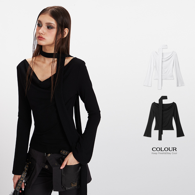 HeyHenry 一字领露肩短款辣妹长袖T恤女春秋季围脖修身气质上衣