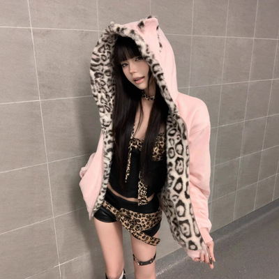 冬可爱兔耳加厚保暖连帽棉衣棉服女新款开衫拼接豹纹拉链外套潮