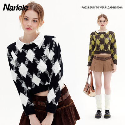 HeyHenry 美式复古撞色拼接格纹毛衣女秋季显瘦内搭打底针织衫ins