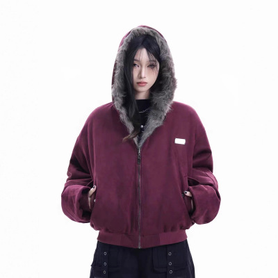 NiSIS 美式复古仿麂皮连帽毛领棉衣女秋冬季宽松加厚棉服休闲外套