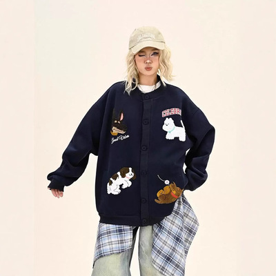 NISIS 新款无性别风学院小狗刺绣贴布装饰圆领开衫男女夹克外套