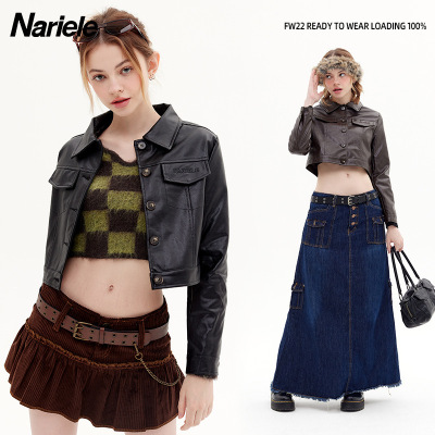 HeyHenry2025年秋季新款pu皮衣女士潮酷夹克美式复古短款翻领外套