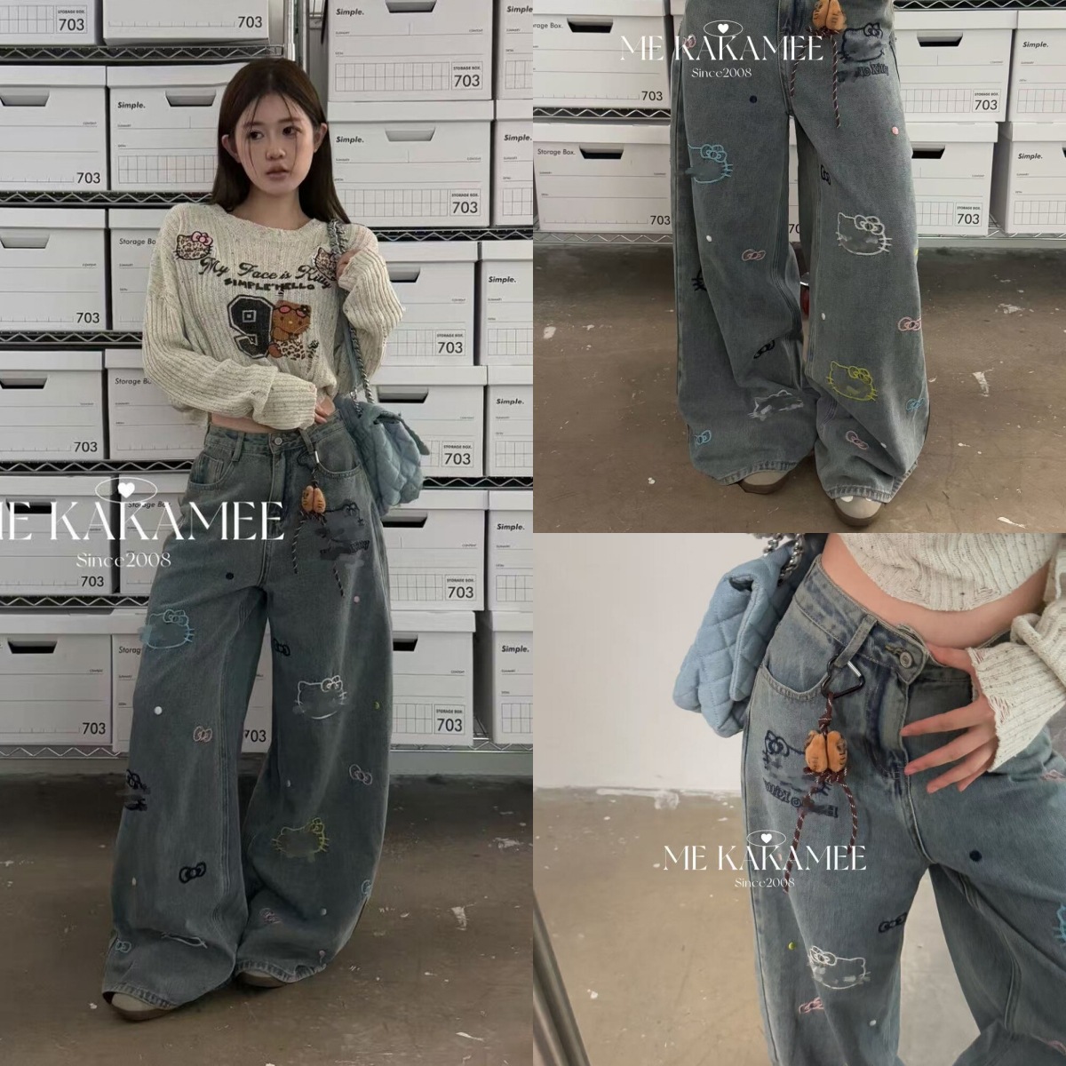 ME KAKAMEE十三行秋季卡通KT彩色刺绣直筒牛仔裤女(配腰包) C0591