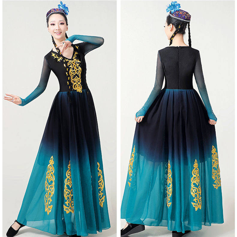 新款新疆舞蹈服装女少数民族风大摆裙子维吾尔族表演服练习裙成人