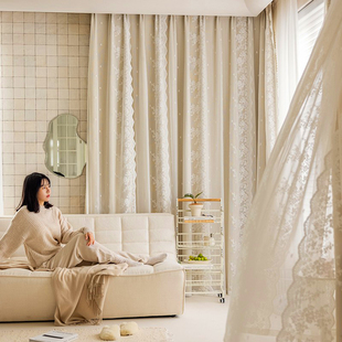 2024年新款 窗帘 布纱一体双层蕾丝法式 奶油色ins网红蕾丝纱挂钩式