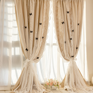 新款 卧室客厅飘窗落地窗帘 双层一体公主风蕾丝遮光窗帘黑蝴蝶结款