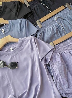 强烈推！LU家代工厂！后背网纱设计透气排汗圆领短袖短裤瑜伽套装