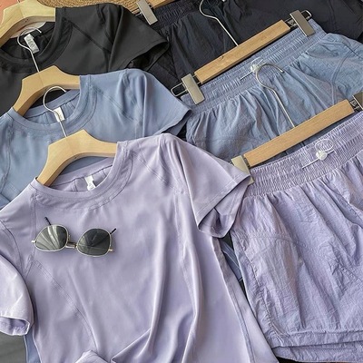 强烈推！LU家代工厂！后背网纱设计透气排汗圆领短袖短裤瑜伽套装