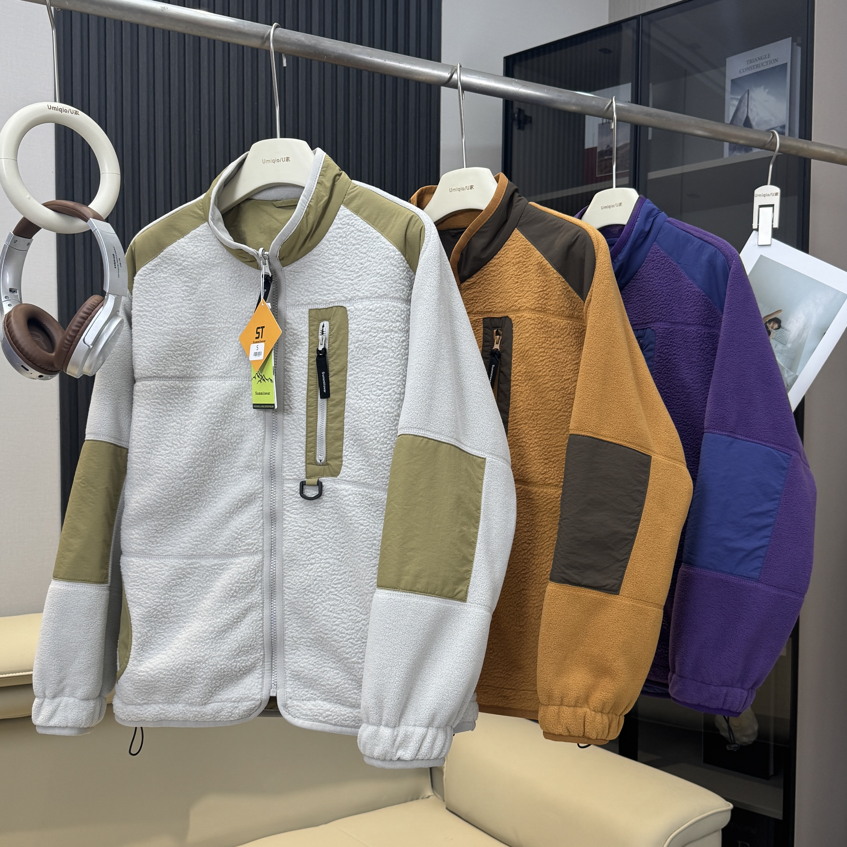 棵米ai蕉家！户外山系情侣撞色双面穿防风保暖摇粒绒立领夹克外套