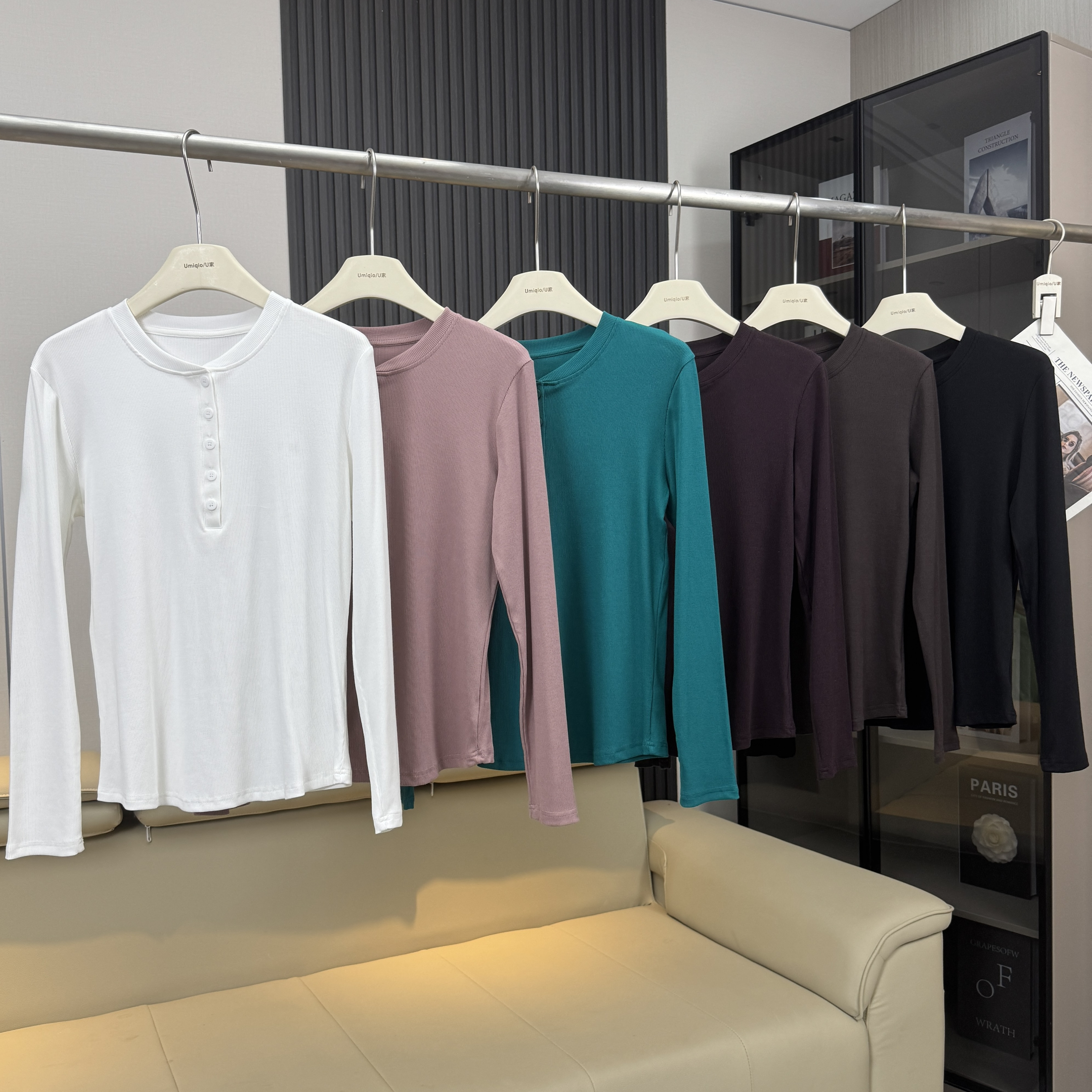 LU家订单！美式修身显瘦亨利领长袖T恤打底衫健身瑜伽针织上衣