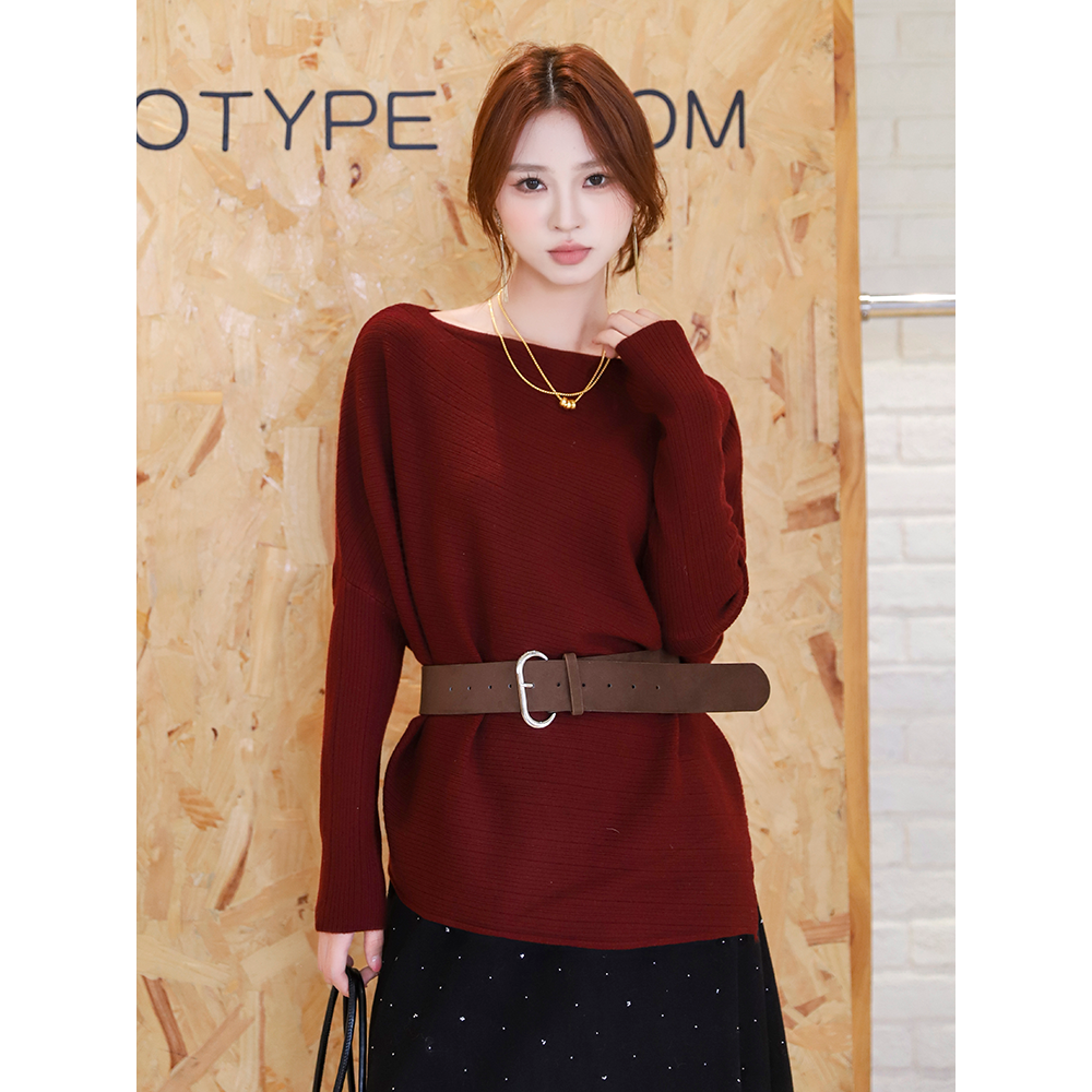 实拍小众设计感宽松显瘦蝙蝠袖长袖不规则毛衣斜纹一字肩上衣