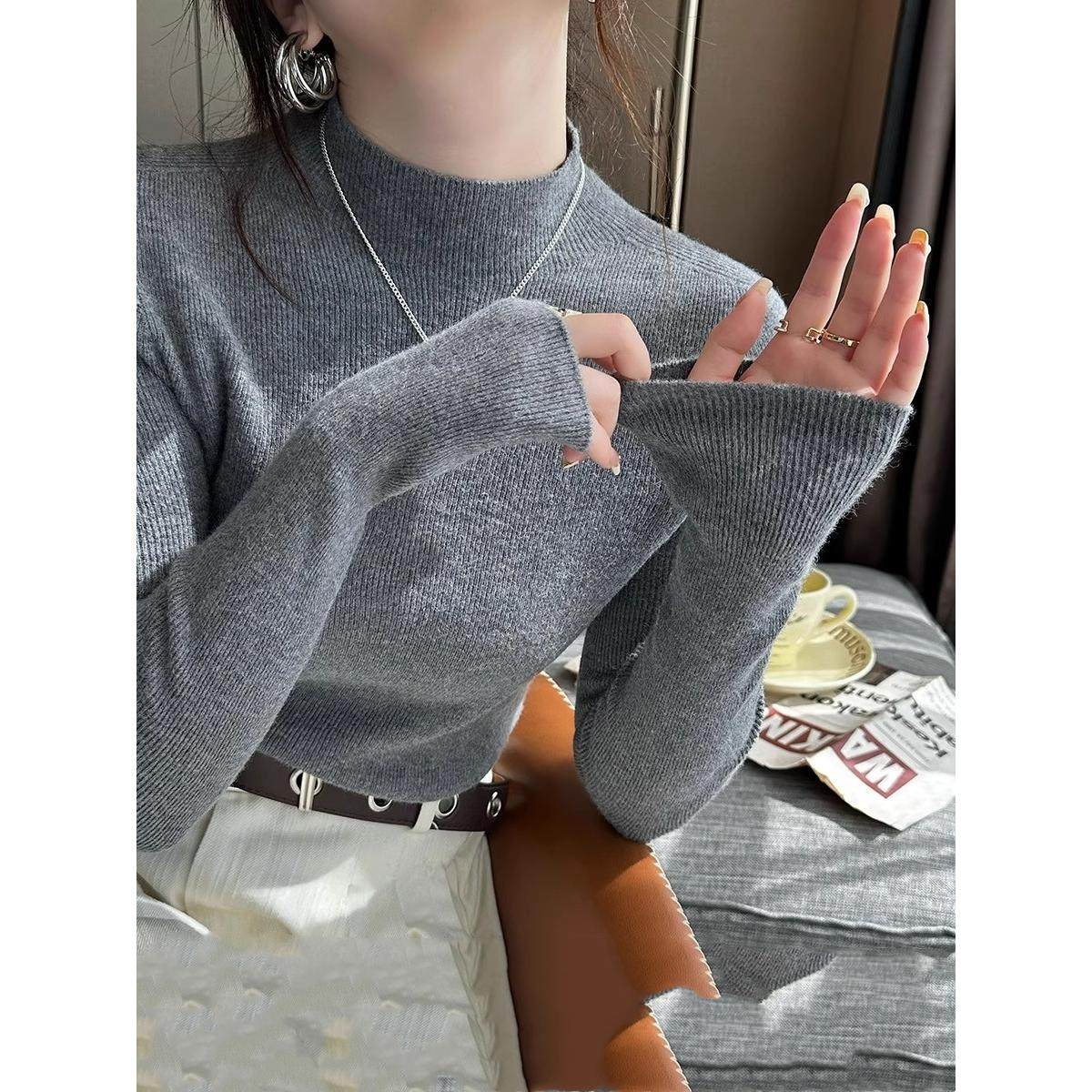 灰色打底衫女早秋2025新款黑色针织上衣内搭羊毛衫秋冬半高领毛衣