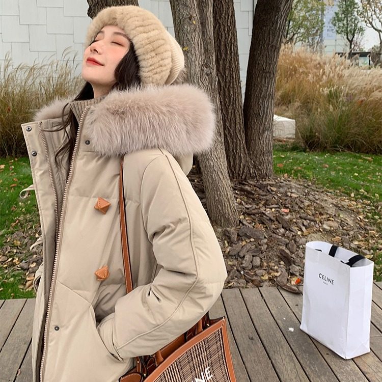 韩版大毛领羽绒服女装中长款冬季新款过膝棉服外套oversize棉衣潮