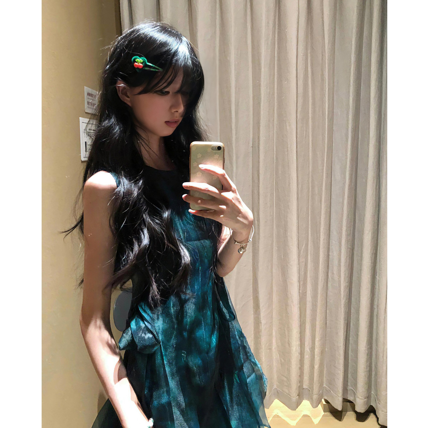 森系甜美墨绿色欧根纱洋