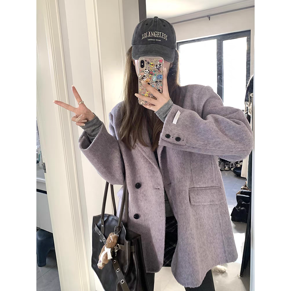 高级感紫色西装毛呢外套女宽松气质小个子短款双面呢子大衣2024冬