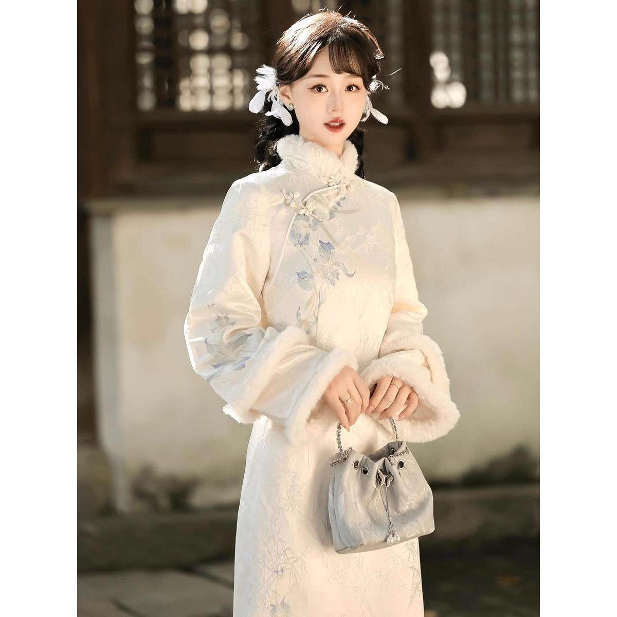 加绒加厚鸢美人民国风复古改良旗袍新款新中式连衣裙日常秋冬