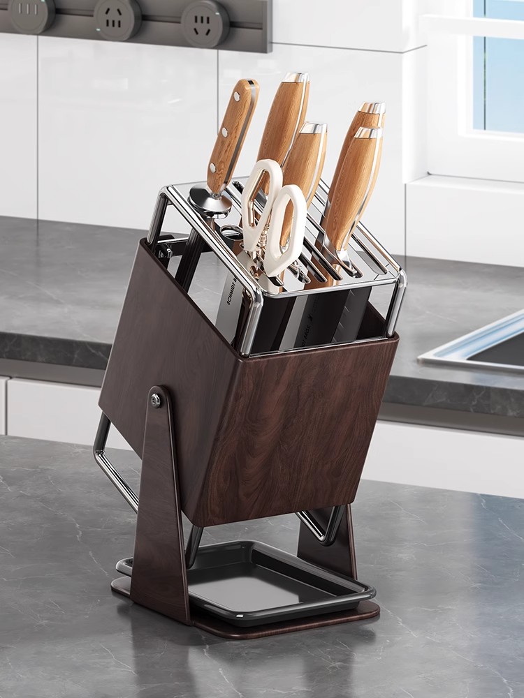 厨房台面旋转刀架多功能刀具沥水收纳架家用不锈钢一体刀座置物架