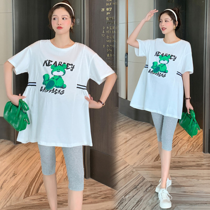 超大码孕妇装夏装t恤上衣卡通印花中长款t恤裙半袖夏天套装200斤