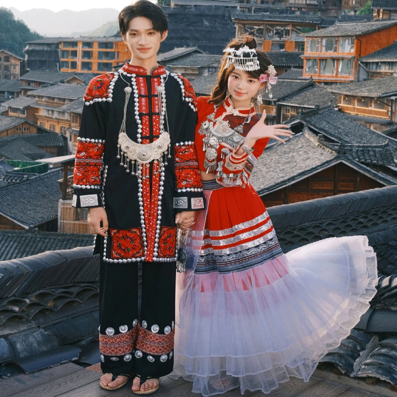 苗族服装写真情侣舞蹈苗疆演出少女云南贵州土家族民族风旅拍摄影