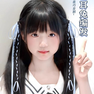 儿童假辫子女麻花辫丝带自然仿真发抓夹新中式双马尾蝴蝶结长辫子