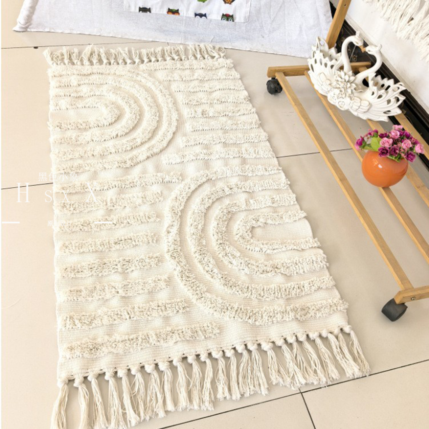 日式简约纯色编织簇绒流苏厚地毯