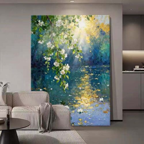 湖面风光现代简约客厅装饰画绿色光影餐厅壁画高端入户玄关挂画