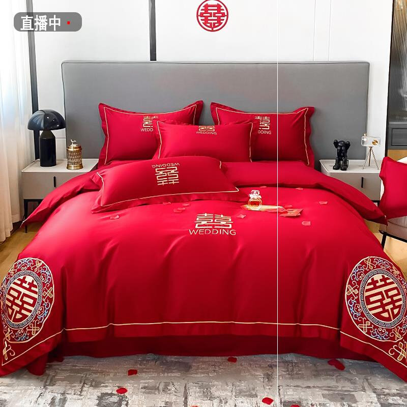 红色结婚床套冬天保暖床罩高级床盖纯棉遮丑O床裙大床裙加宽加大