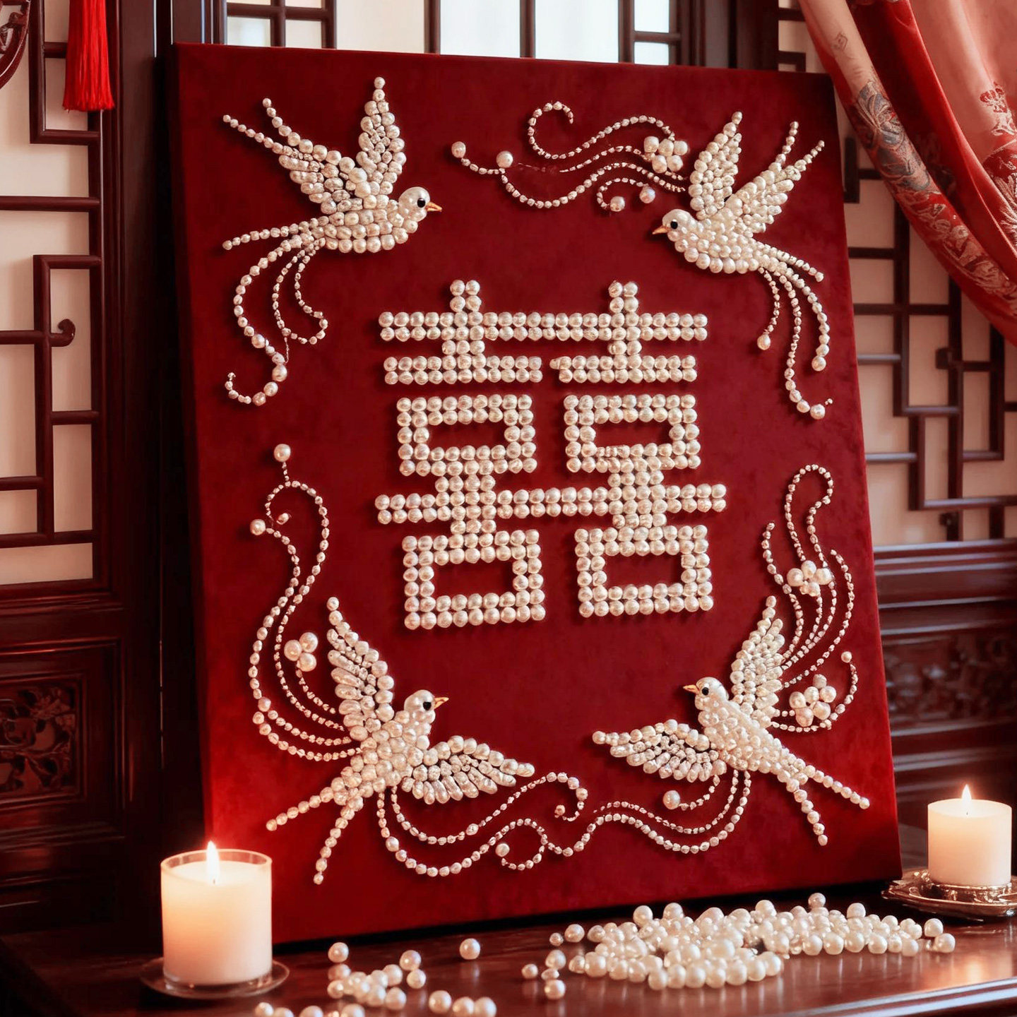 结婚喜字珍珠画diy手工钻石创意摆件送朋友礼物结婚寓意好装饰画