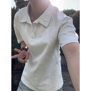 白花灰色正肩短袖男款夏季polo衫拼接设计感t恤重磅衬衫领五分袖