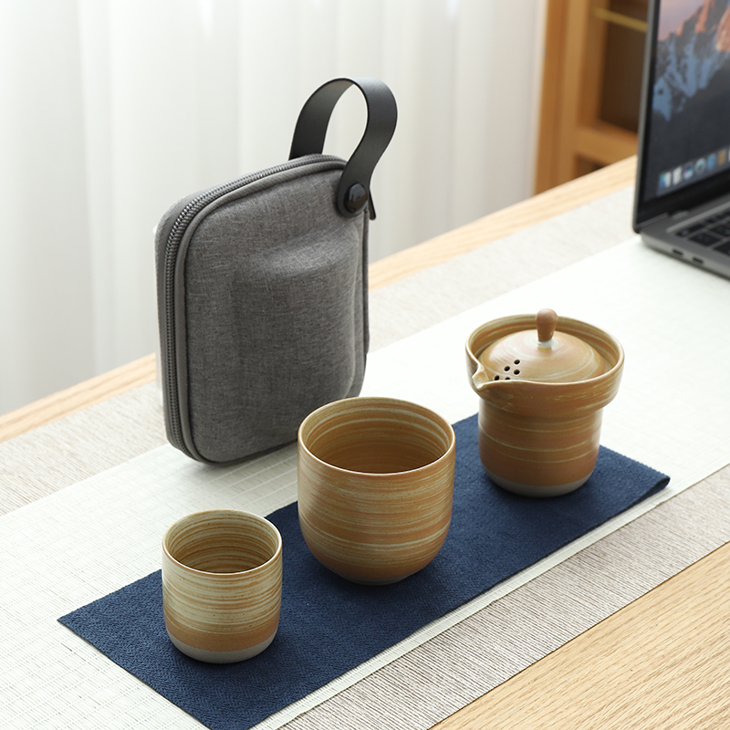 仿古纹旅行茶具套装便携式快客杯一壶二杯车载户外功夫茶杯泡茶壶