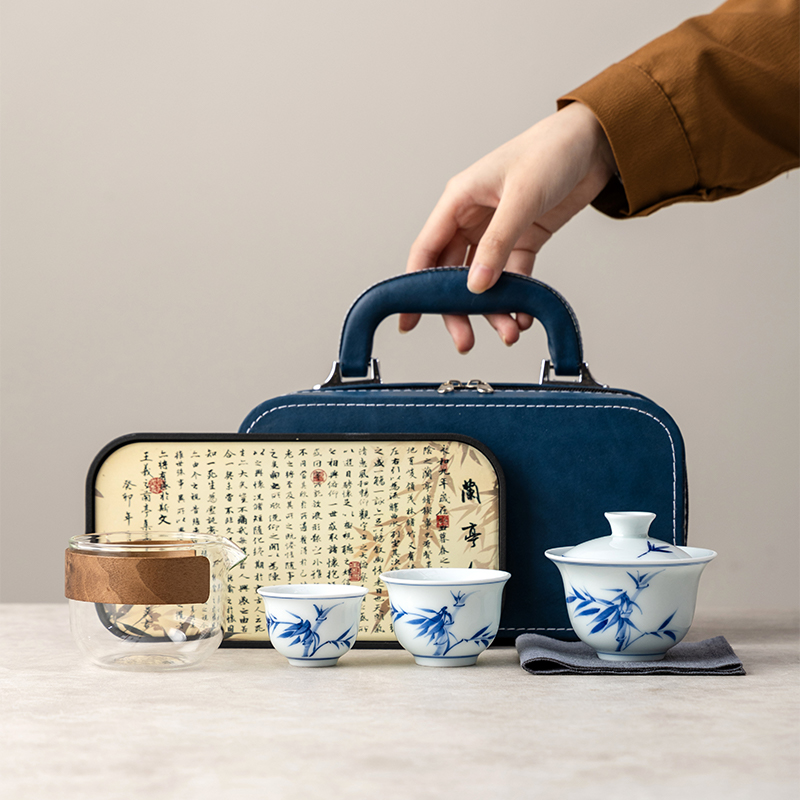 手绘釉下彩陶瓷旅行茶具套装便携式户外快客杯盖碗茶杯一壶二杯