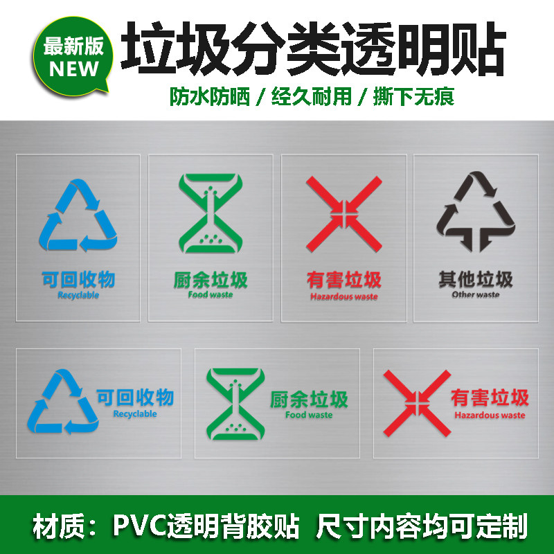 新款垃圾分类标识贴纸透明可回收有害厨余其他垃圾标识贴干垃圾湿垃圾