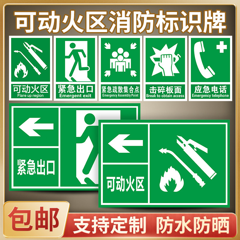 应急出口紧急避难场所可动火区安全警示牌安全避险处急救站牌击碎