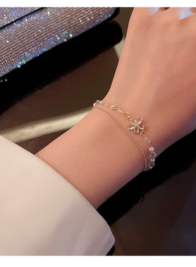 双层珍珠锆石花朵项链