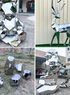 大型不锈钢几何块面鹿雕塑石头广场园林景观镜面动物落地摆件定制