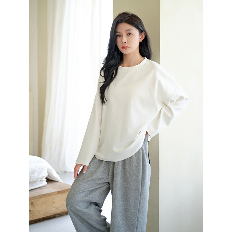 纯棉睡衣女款宽松春秋季带胸垫长袖长裤简约纯色可外穿家居服套装