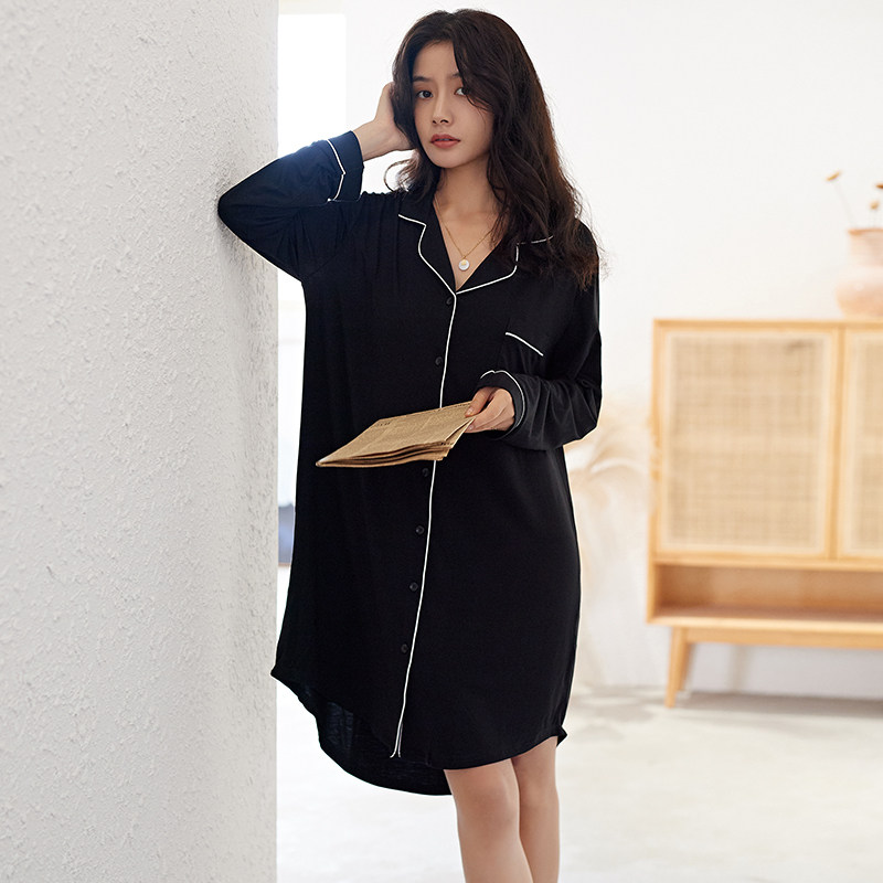 莫代尔睡裙女春秋长袖开衫大码宽松性感女士睡衣冬季中长款家居服