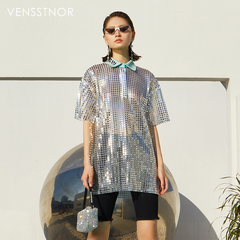 VENSSTNOR维斯提诺21夏轻奢潮牌亮片拼接女士短袖上衣T恤Polo衫