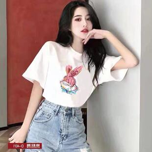 袖t恤女ins潮春装薄款女宽松印花韩版港风简约上衣百搭学生
